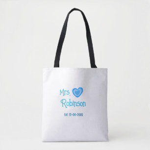 Bride to be Mrs add name date blue heart watercolo Tote Bag