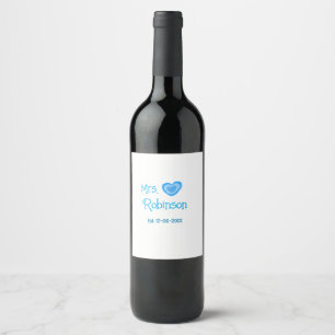 Bride to be Mrs add name date blue heart watercolo Wine Label