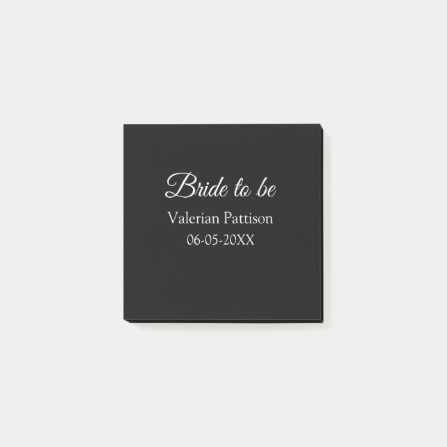 Bride to be name date black white bridal shower we post-it notes (Front)