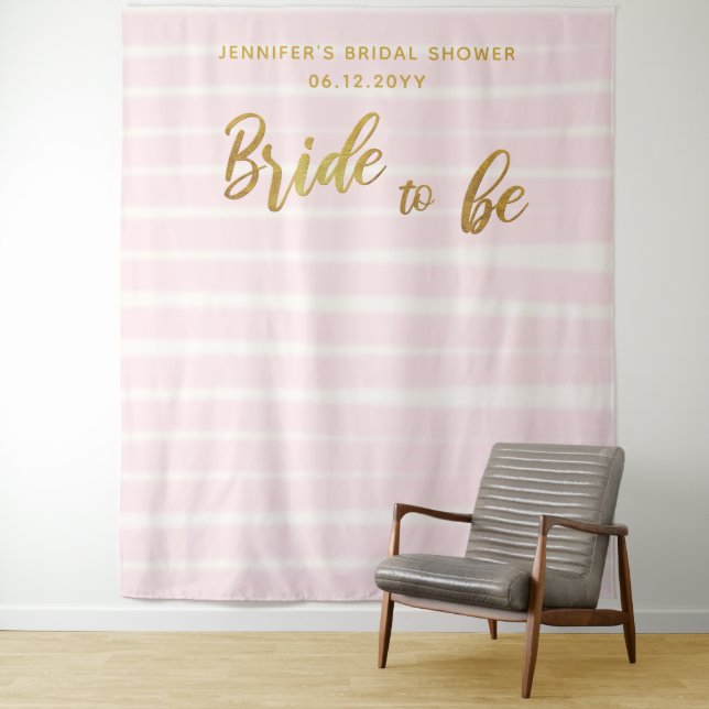 Bride to Be Pink Stripes Boho Chic Bridal Backdrop Tapestry (In Situ)