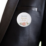 Bride to be rose gold floral eucalyptus greenery 1 inch round button<br><div class="desc">For a bridal shower or a bachelorette party. A chic white background. Decorated with a rose gold, blush pink floral, flower (rose)and green watercolored eucalyptus leaves, sprigs, greenery and a faux gold sprig. Personalize and add the name of the bride. Black and golden letters. With the text: Bride to be....</div>