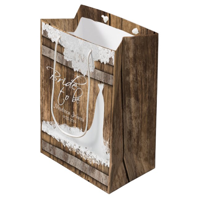 Bride to Be - Rustic Wood and White Lace Design Medium Gift Bag (Front Angled)