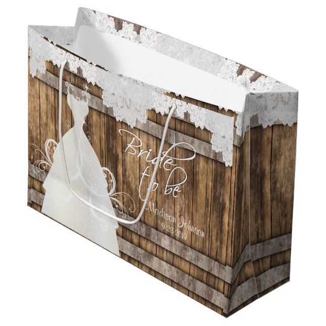 Bride to Be - Rustic Wood Barrel and Lace Design Large Gift Bag (Front Angled)