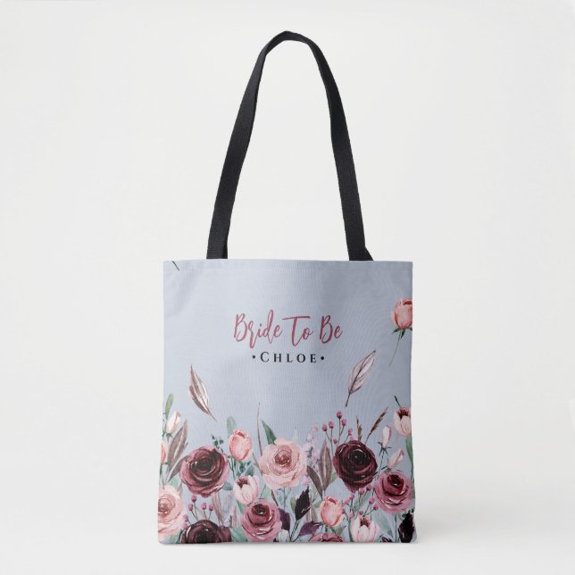 Bride To Be Tote | Dusty Blue and Burgundy Floral Bag (Front)