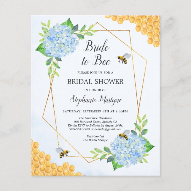 Bride To Bee Blue Hydrangea Bridal Shower Invite (Front)