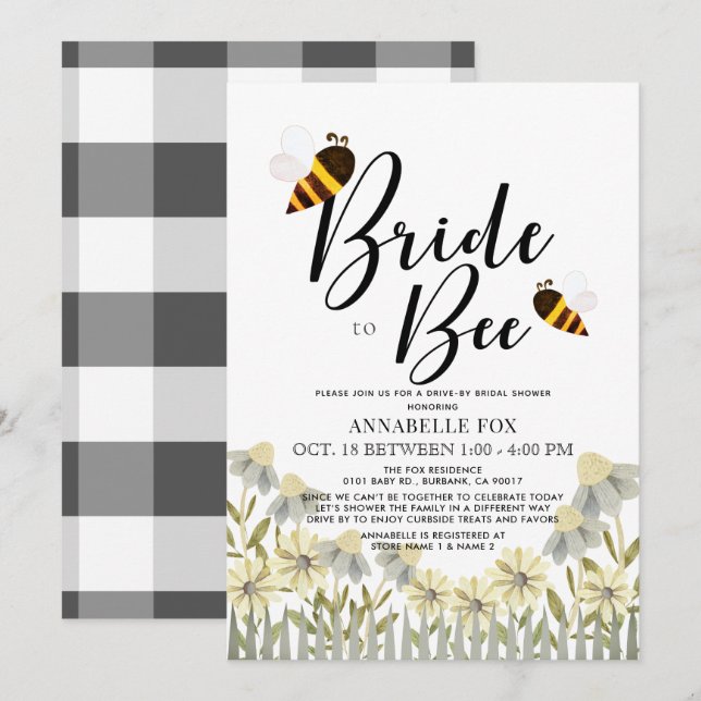 Bride to Bee Buffalo Check Drive-by Bridal Shower Invitation (Front/Back)