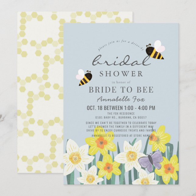 Bride to Bee Daffodil Blue Drive-by Bridal Shower Invitation (Front/Back)