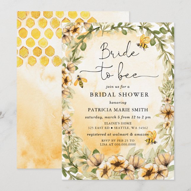 Bride To Bee Honeybee Floral Bridal Shower Invitation (Front/Back)