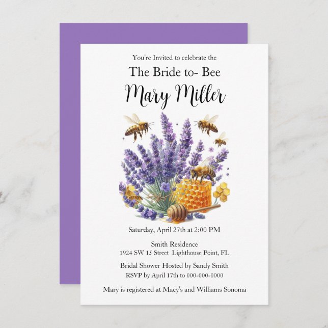 Bride-to-Bee Lavender Honey Bridal Shower  Invitation (Front/Back)