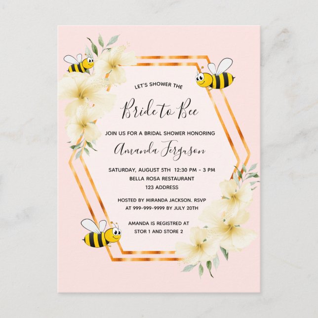 Bride to bee rose gold bridal shower invitation postcard (Front)