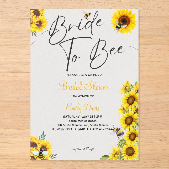 Bride to Bee with Sunflowers & Honey Acrylic Invitations (Front)