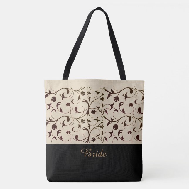 Bride Tote Bag Beige & Brown Scrolls (Front)