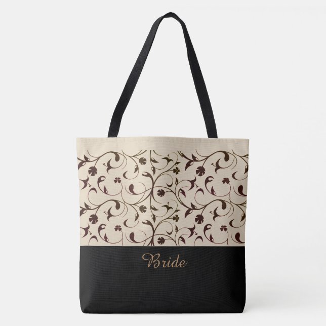 Bride Tote Bag Beige & Brown Scrolls (Front)