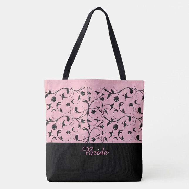 Bride Tote Bag Pink & Black Scrolls (Front)