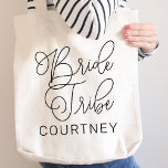 Bride Tribe Black Modern Script Custom Wedding Tote Bag<br><div class="desc">Modern and casual chic black calligraphy script "Bride Tribe" women's wedding tote bag features custom text that can be personalized for your bridal party crew. Perfect for your bridesmaids to wear at the bachelorette party and the wedding weekend!</div>