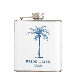 Bride Tribe Blue Tropical Palm Tree Custom Hip Flask