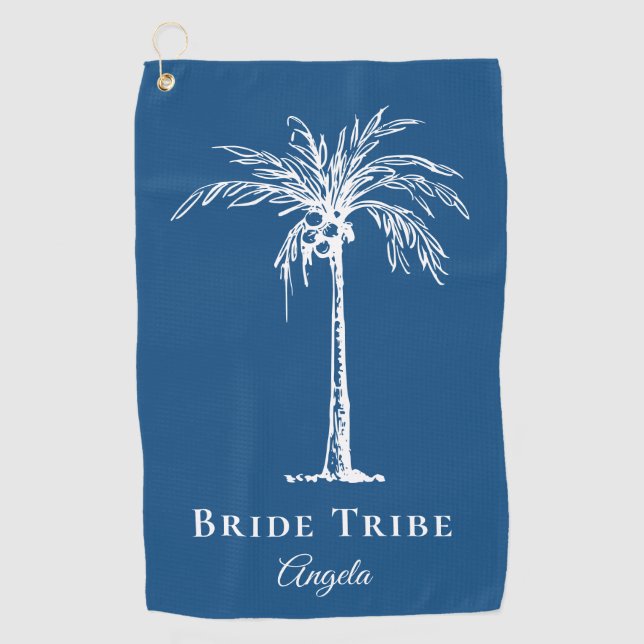 Bride Tribe Blue White Palm Tree Custom Golf Towel (Front)