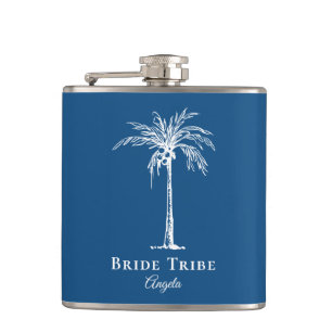 Bride Tribe Blue White Palm Tree Custom Hip Flask