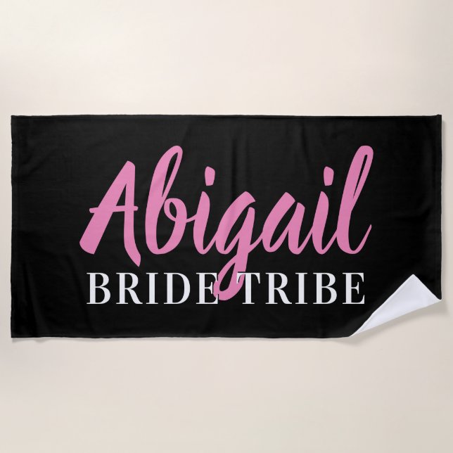 Bride Tribe Bridesmaid Name Pink Black Beach Towel (Front)