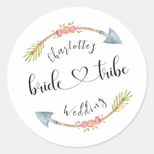 Bride Tribe Custom Watercolor Boho Wedding Party Classic Round Sticker