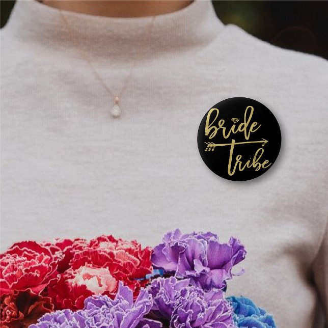 Bride Tribe Diamond Wedding Bridal Party Button (BRIDE TRIBE Diamond Gold Brush Script Bridal/Bachelorette Party Wedding Button @ fatfatin_blue_knot)