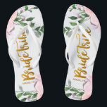 Bride Tribe Faux Gold with Floral and Name Flip Flops<br><div class="desc">Lovely pink and purple watercolor floral and greenery wedding design,  with faux gold bride tribe typography script and name.</div>