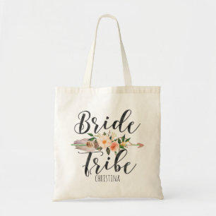 "Bride Tribe" Floral Feather Arrow Personalized Tote Bag