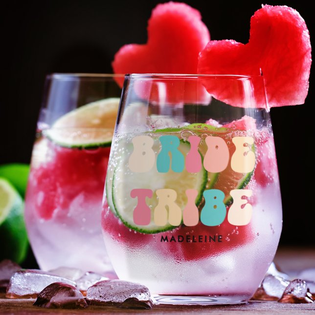 Bride Tribe Funky Retro Typography Custom Name Stemless Wine Glass (Creator Uploaded)