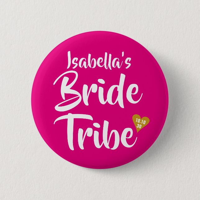 Bride Tribe Gold Date Heart Personalised 2 Inch Round Button (Front)