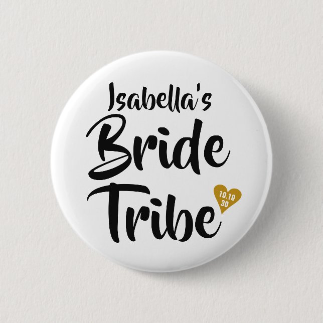 Bride Tribe Gold Date Heart Personalised 2 Inch Round Button (Front)