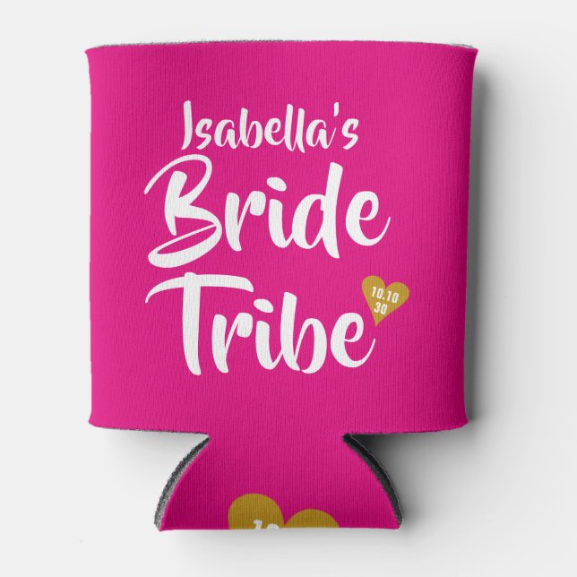 Bride Tribe Gold Date Heart Personalised Can Cooler (Front)