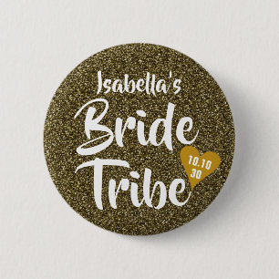 Bride Tribe Gold Date Heart Personalised Glitter 2 Inch Round Button