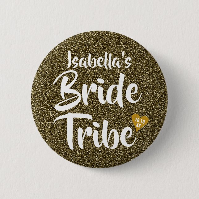 Bride Tribe Gold Date Heart Personalised Glitter 2 Inch Round Button (Front)
