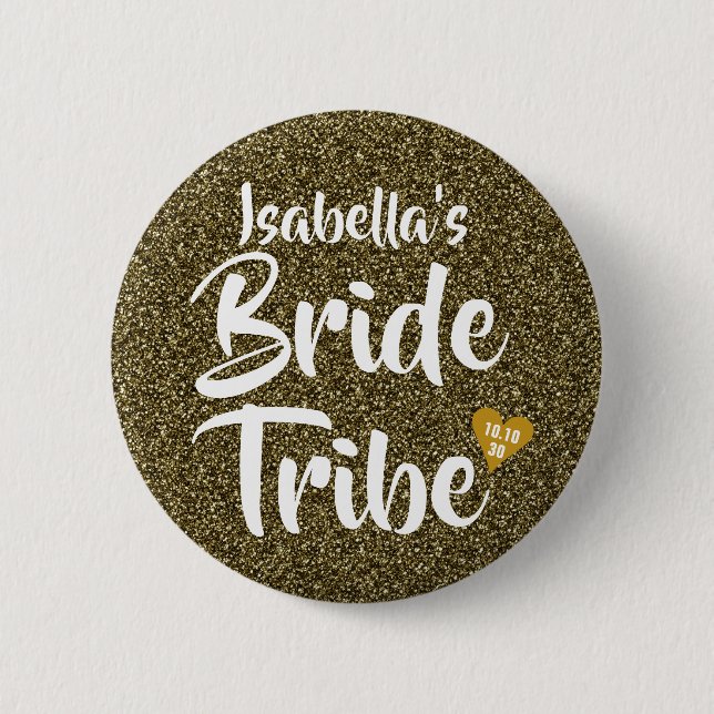 Bride Tribe Gold Date Heart Personalised Glitter 2 Inch Round Button (Front)