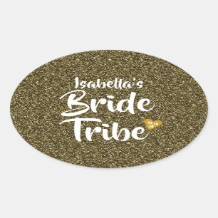 Bride Tribe Gold Date Heart Personalised Glitter Oval Sticker