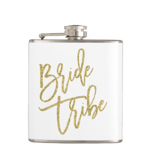 Bride Tribe Gold Glitter Script Hip Flask