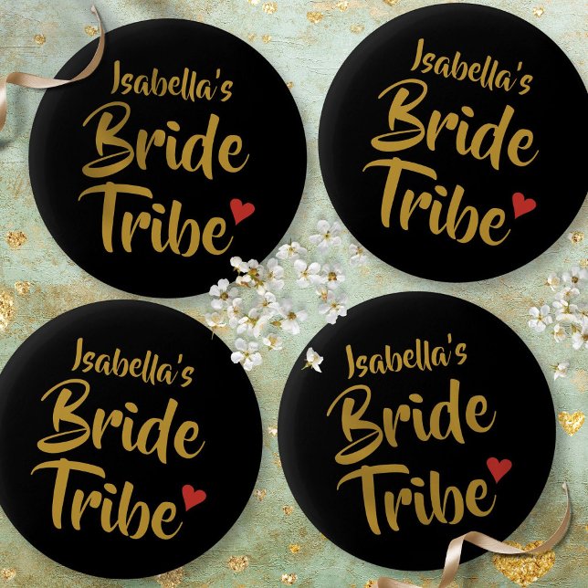 Bride Tribe Gold Script Red Heart 2 Inch Round Button (Creator Uploaded)