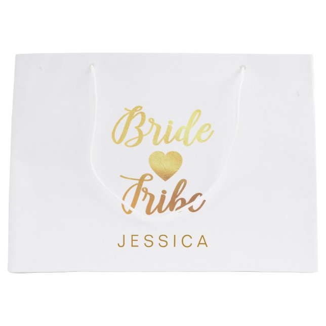 Bride Tribe Heart Personalized Bridesmaid Name Large Gift Bag (Front)