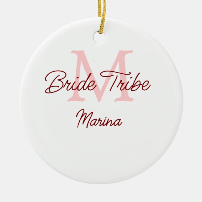 Bride tribe monogram red bridal shower simple mini ceramic ornament (Front)
