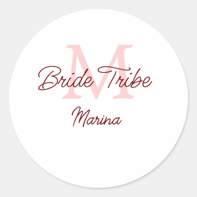 Bride tribe monogram red bridal shower simple mini classic round sticker (Front)
