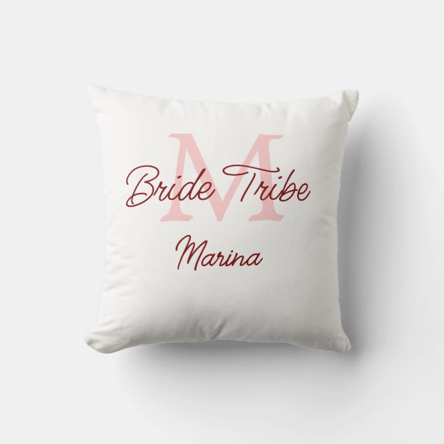 Bride tribe monogram red bridal shower simple mini throw pillow (Front)
