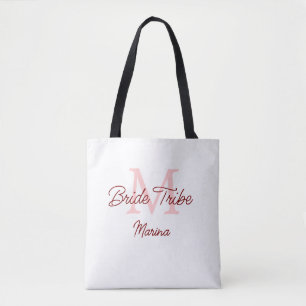 Bride tribe monogram red bridal shower simple mini tote bag