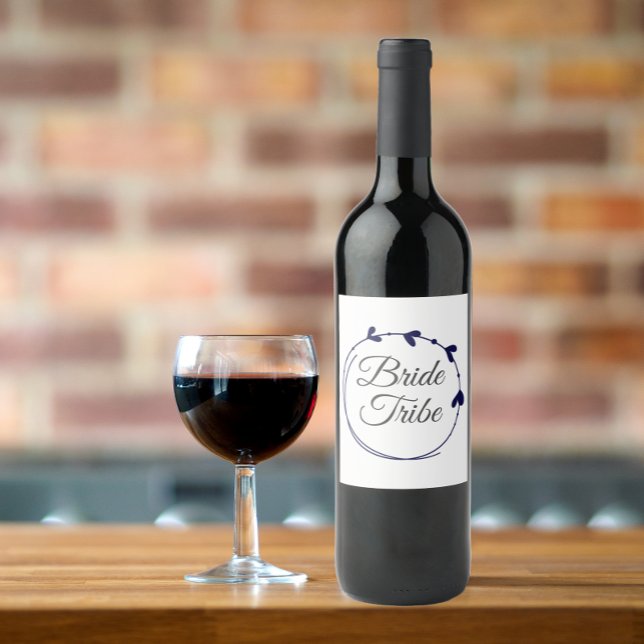 Bride Tribe Navy Blue Simple Heart Wreath Wine Label (In Situ Glass of Wine)