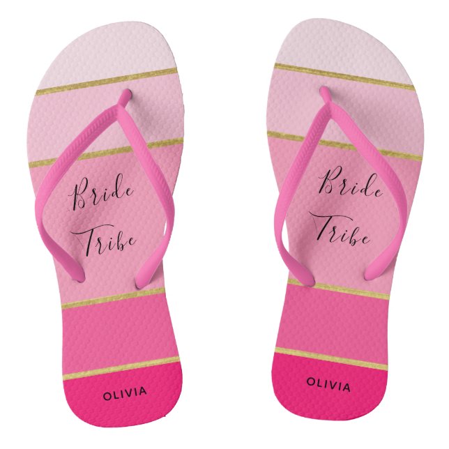 Bride Tribe Personalized Pink & Gold striped Flip Flops (Footbed)