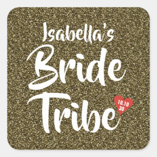 Bride Tribe Red Date Heart Personalised Glitter Square Sticker