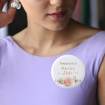 Bride tribe rose gold floral eucalyptus greenery 1 inch round button<br><div class="desc">For a bridal shower or a bachelorette party. A chic white background. Decorated with a rose gold, blush pink floral, flower (rose)and green watercolored eucalyptus leaves, sprigs, greenery and a faux gold sprig. Personalize and add the name of the bride. Black and golden letters. With the text: Bride tribe. The...</div>