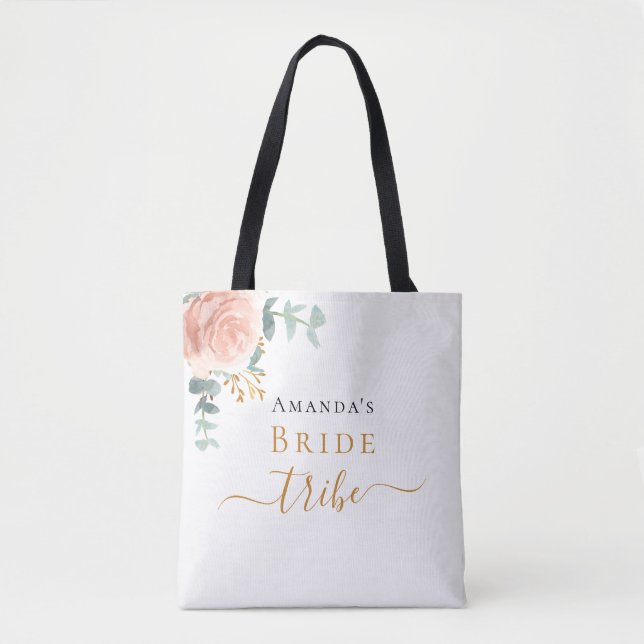 Bride tribe rose gold floral eucalyptus greenery tote bag (Front)