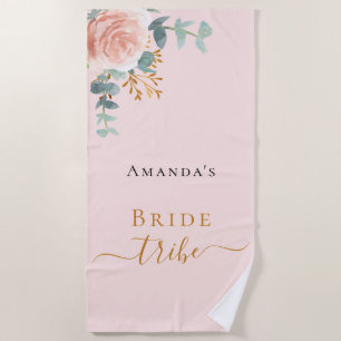 Bride tribe rose gold floral eucalyptus pink beach towel