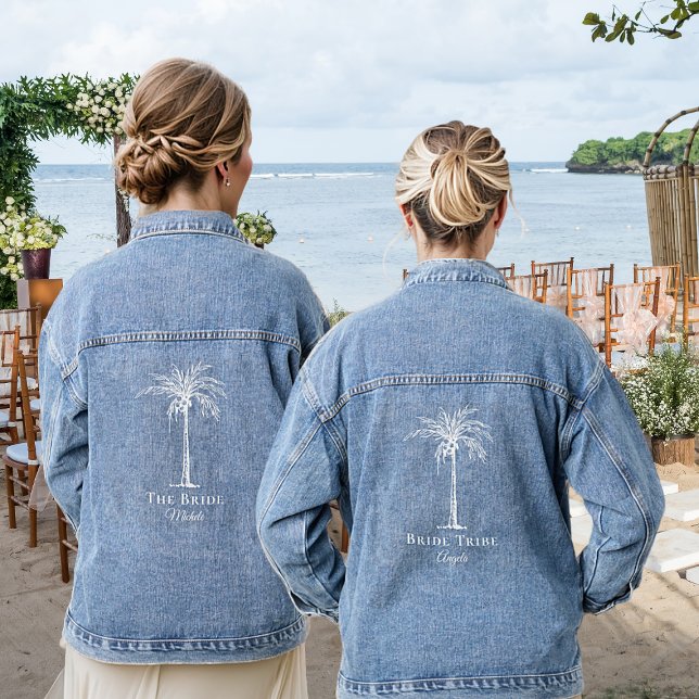 Bride Tribe White Palm Tree Personalized Denim Jacket (Creator Uploaded)