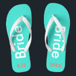 Bride Turquoise Blue Flip Flops<br><div class="desc">Bright turquoise blue with Bride written in white text and date of wedding in coral with white accents.  Pretty beach destination or honeymoon flip flops.  Original designs by TamiraZDesigns.</div>